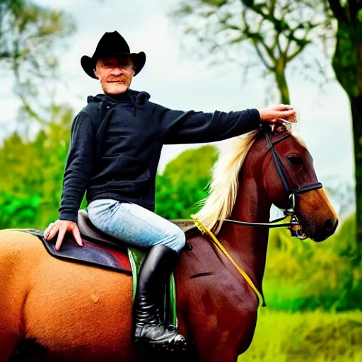 Image similar to a strange being riding a horse, they have green skin and no nose, they're bald, big eyes, very muscular, portrait photography, golden hour,