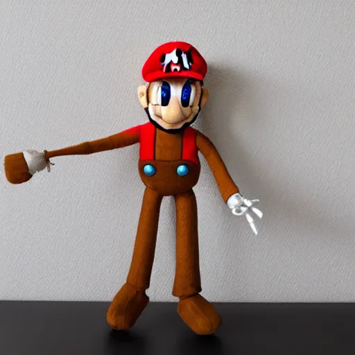 Image similar to a marionette of mario, 8 k, exquisite detail, vintage, grain