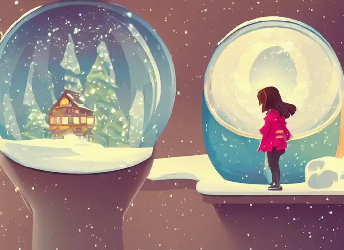 Prompt: little girl with short wavy curly light brown hair looking into a snow globe. clean cel shaded vector art. shutterstock. behance hd by lois van baarle, artgerm, helen huang, by makoto shinkai and ilya kuvshinov, rossdraws, illustration, art by ilya kuvshinov