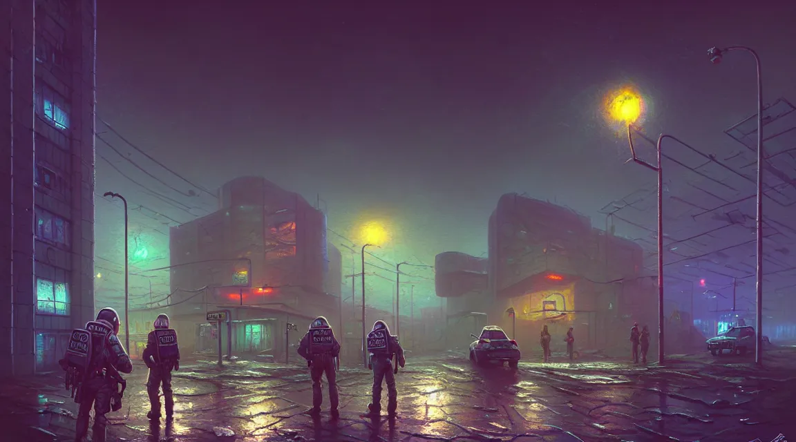 Prompt: post - apocalyptic police station, concrete building, paved roads, by thomas kinkade, by simon stalenhag, highly detailed photography, trending on artstation, hyperrealistic, human silhouettes, cyberpunk, environment artist, dystopian, science fiction, synthwave neon retro