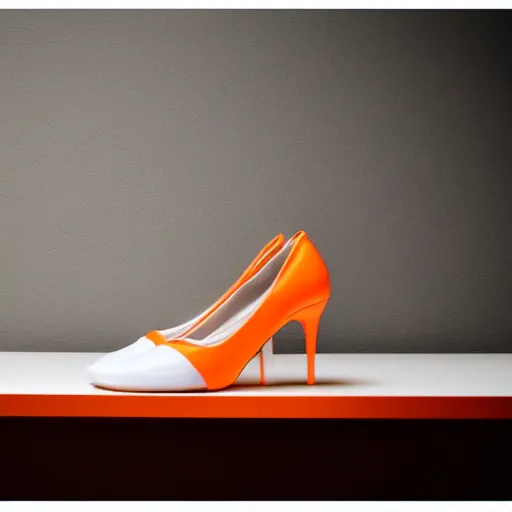 Image similar to an ultra high definition professional studio photograph, 5 0 mm f 1. 4 iso 1 0 0. the photo is set in a plain white room with a plain white plinth centrally located. the photo depicts a fashionable jelly shoe. the colour of the jelly shoe is orange.