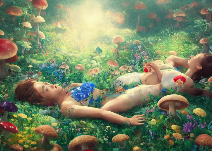 Image similar to painting of A woman laying in a sea of flora from super mario brothers, mushroom kingdom theme, trending on ArtStation, masterpiece, by Greg Rutkowski, by Ross Tran, by Fenghua Zhong, octane, clear eyes, soft render, clear facial features, oil on canvas, moody lighting, cinematic, professional environment concept art