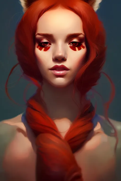 Image similar to a detailed portrait of a beautiful woman with ( red panda ) features, in professional makeup, dramatic lighting, by lois van baarle, ross tran, greg rutkowski, 4 k, trending on artstation