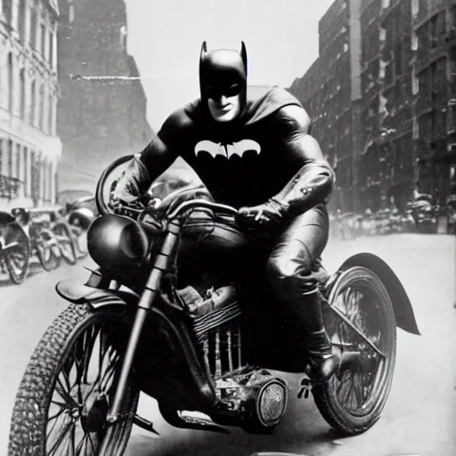 Image similar to old black and white photo, 1 9 1 3, depicting batman on a motorcycle from dark knight racing through the bustling streets of new york city, rule of thirds, three - point perspective, historical record