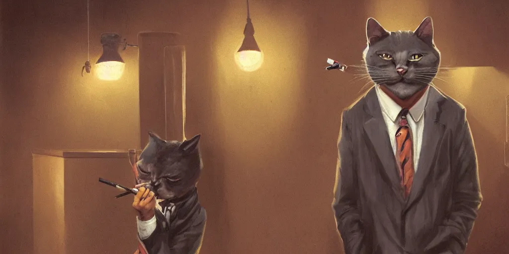 Prompt: detective anthropomorphic cat wearing a tie is smoking a cigarette at his office, 3 d scene, zenith view, warm color palette, night time, dramatic lighting, noir film, fine details, high contrast, blacksad, juan diaz canales, juanjo guarnido, greg rutkowski, trending on artstation, 8 k, ultra wide angle