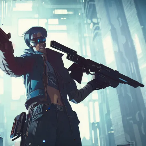 Image similar to close up illustration of a cyberpunk gunslinger pointing his gun shooting bullets, gungrave, anime, tri - gun, poster, very detailed, 8 k, by greg rutkowski,