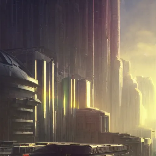 Image similar to highly detailed brutalist architecture city, star wars imperial style, neon lights, dramatic sky, stephen bliss, unreal engine, fantasy art by greg rutkowski, loish, rhads, ferdinand knab, makoto shinkai, ilya kuvshinov, rossdraws, global illumination, radiant light, detailed and intricate environment