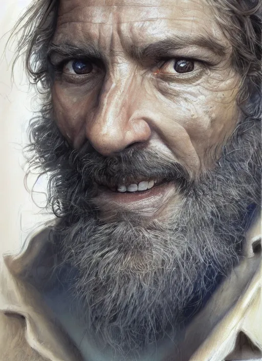 Image similar to a portrait a dirty unwashed homeless man, art by boris vallejo and greg danton and denys tsiperko, detailed, hyperrealism, artstation