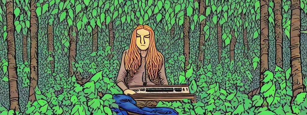 Prompt: a grunge technogaianist long-haired blonde digital musician playing modular synthesizer in the forest, technology and nature swirling in harmony, vines becoming patch cables, plugging vines into the synthesizer, trees swaying to the beat, postmodern surrealist concert poster, grainy, hand drawn matte painting by Tara McPherson and Gary Houston, smooth, sharp focus, extremely detailed.