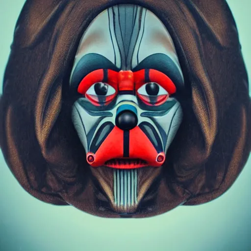 Prompt: clown darth vader hybrid, symmetrical front face portrait, by jean - baptiste monge, high quality, high resolution, 4 k, octane realphoto, raytrace