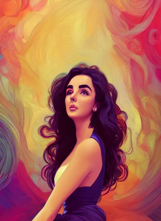 Prompt: elizabeth taylor detailed clothing, half body shot, arms down, path traced, highly detailed, high quality, digital painting, alena aenami, lilia alvarado, shinji aramaki, karol bak, alphonse mucha, tom bagshaw