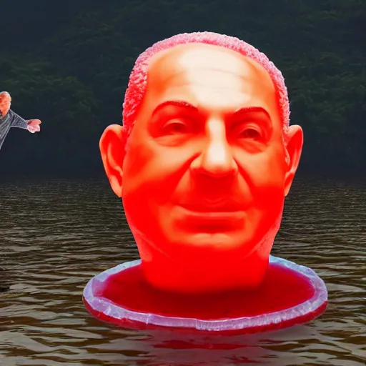 Image similar to a giant human head sculpture looking like banjamin netanyahu in the sea made out of juicy and transparent red jelly, long shot, hyper detailed, hyper realistic, ray tracing, 8 k resolution, sharp focus, realistic water, award winning