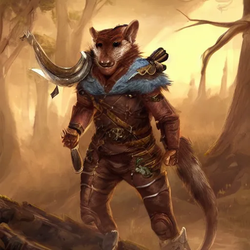 Prompt: a valiant weasel wearing a fantasy ranger outfit, fighting against the invading mice, furry art, artstation, 4k