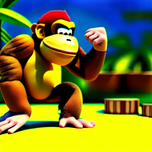 Image similar to Donkey Kong slipping on a banana, 3D render