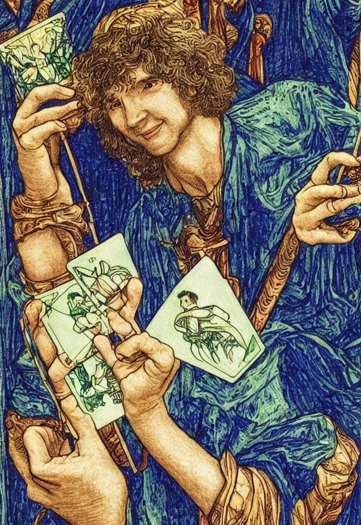 Image similar to Yoshua Bengio smiling drawn on the Tarot card. Illustration by preraphaelists.