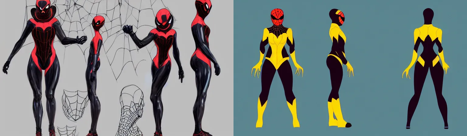 Prompt: full body character turnaround of a woman in an orb weaver inspired outfit and mask, character sheet, spiderwoman!!!!!, john singer sargent, good value control, digital painting, concept art, running shoes, sharp focus, illustration, 8 k, black undersuit, black main color with yellow secondary color, realistically proportioned body, realistically proportioned head