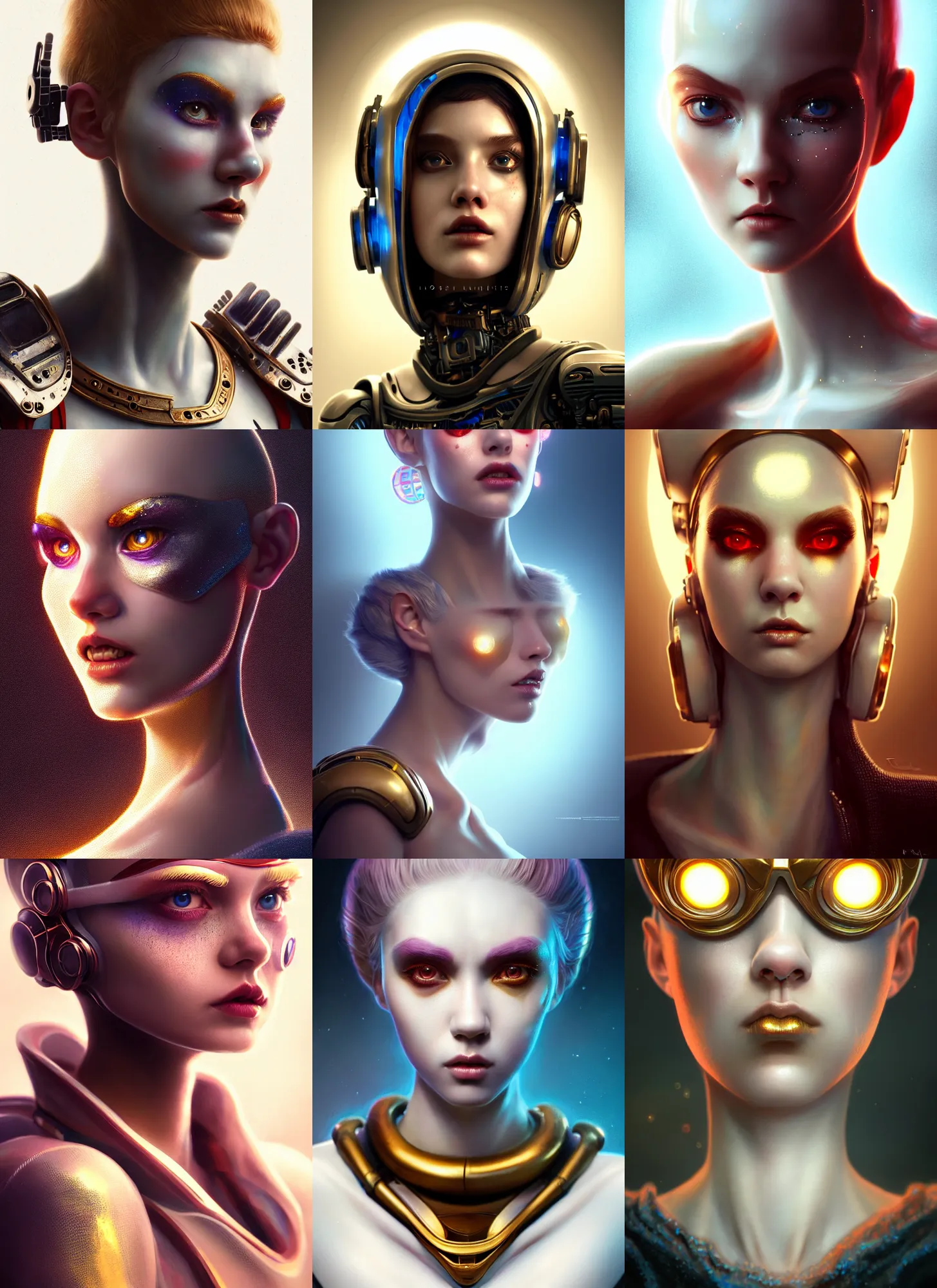 Prompt: pixar portrait 8 k photo, beautiful shiny white porcelain rich galactic tattoo clowncore russian cyborg college girl, golden ratio details, sci - fi, fantasy, cyberpunk, intricate, decadent, highly detailed, digital painting, octane render, artstation, concept art, smooth, sharp focus, illustration, art by artgerm, loish, wlop