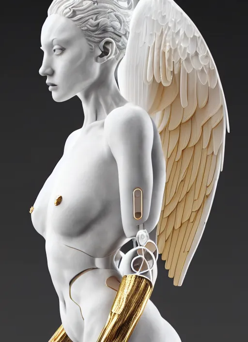 Image similar to a statue made of white marble with gold veins, of an gorgeous futuristic cybernetic angel girl, prostheses, transhumanism, full body shot, perfect symmetrical body, perfect symmetrical face, hyper realistic, hyper detailed, by johannen voss, by peter kemp, by monia merlo, by michelangelo, octane render, blender, 8 k