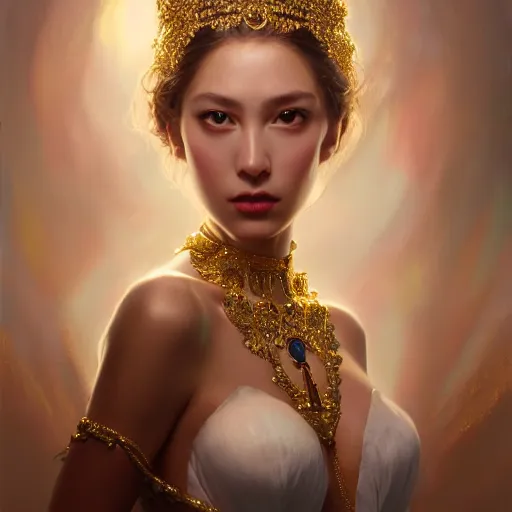 Prompt: expressive oil painting, of alluring european princess, seductive look, smooth glowing skin, glistening body, love, adoration, ornate headpiece made from beads, glamour shot, by yoshitaka amano, by greg rutkowski, by jeremyg lipkinng, by artgerm, digital art, octane render, white dress