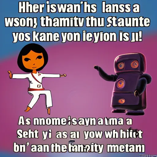 Prompt: Her name is Yoshimi She's a black belt in karate Working for the city She has to discipline her body 'Cause she knows that it's demanding To defeat those evil machines I know she can beat them Oh, Yoshimi they don't believe me But you won't let those robots eat me Yoshimi they don't believe me But you won't let those robots defeat me Those evil-natured robots They're programmed to destroy us She's gotta be strong to fight them So she's taking lots of vitamins 'Cause she knows that it'd be tragic If those evil robots win I know she can beat them Oh Yoshimi they don't believe me But you won't let those robots eat me Yoshimi they don't believe me But you won't let those robots defeat me Yoshimi