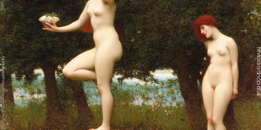 Prompt: et in Arcadia Ego, in the style of Thomas Cooper Gotch, John William Godward, Edgard Maxence, Jules Bastien-Lepage, oil on canvas, 4k resolution, 1890