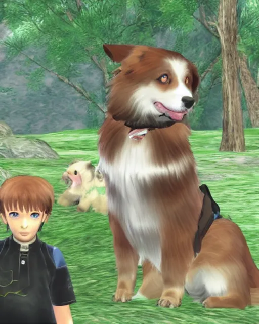 Prompt: australian shepherd with noah in xenoblade chronicles