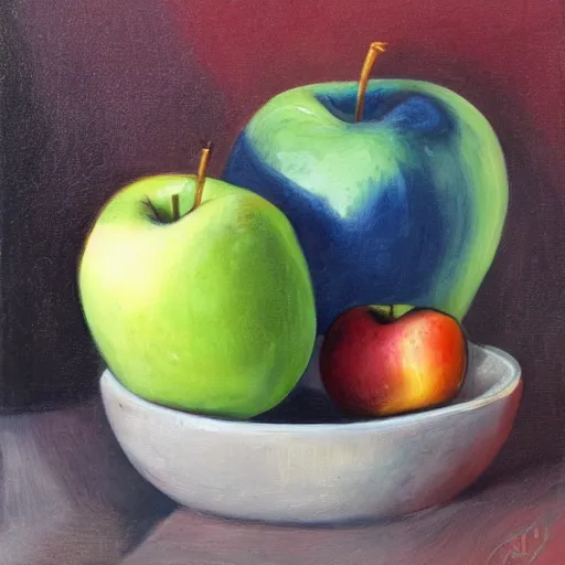 Prompt: of a blue apple in bowl of red apples