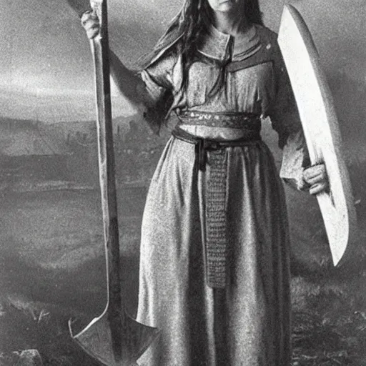 Image similar to an female viking wearing short sleeved robes holding an giant axe