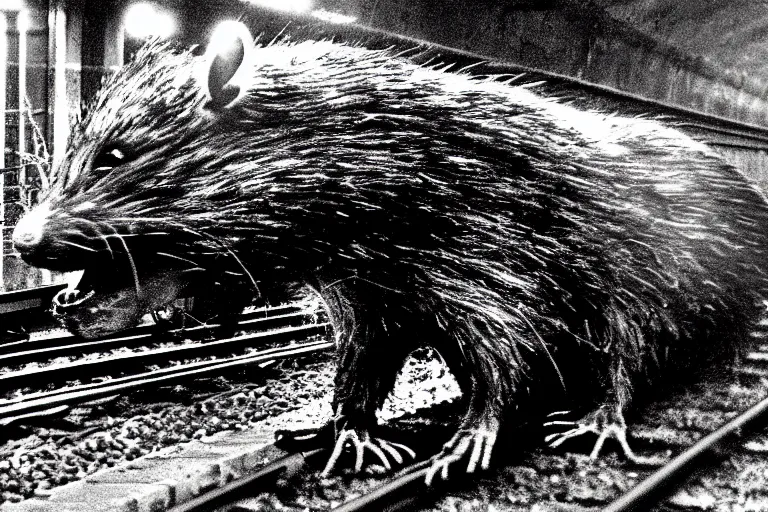 Prompt: very large giant mutant zombie irradiated ( angry rat ) staying on railways in tonnel of moscow subway. tonnel, railways, giant angry rat, furr, fangs, claws, very realistic. extreme long shot, 1 6 mm, herman nitsch, giger.