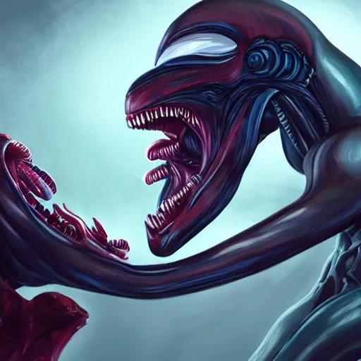 Image similar to sona movsesian being licked menacingly by an xenomorph, highly detailed, photorealistic, slime, saliva, artstation, smooth