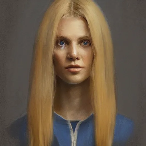 Prompt: Portrait of a woman by Greg Rutkowski, she is about 30 years old, pretty, blond hair with two strans around her face, slavic features, melancholic gaze, pretty aquiline nose, she is wearing a blue utilitarian jumpsuit, highly detailed portrait, digital painting, artstation, concept art, smooth, sharp foccus ilustration, Artstation HQ.