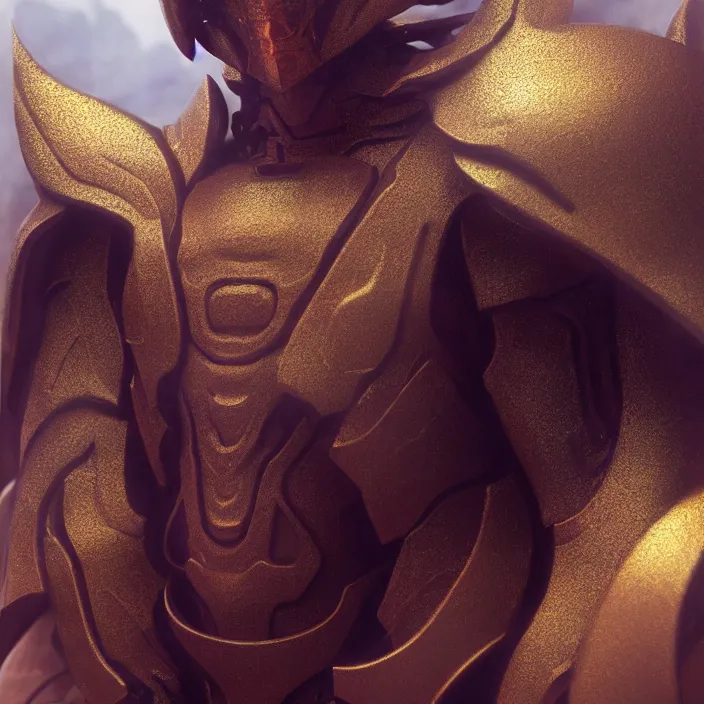 Image similar to a character in a scenic environment by wayne barlowe and nihei tsutomu, close up shot, dreamy hazy, golden armor, highly detailed, 3 d render, vray, octane, realistic lighting