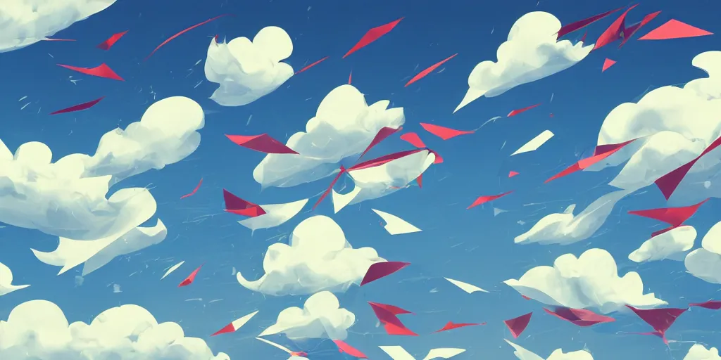 Image similar to background art of flying longswords flowing and floating through the slicing through directional wind on a simple cloudy sky background, big puffy clouds, large individual rose petals, angular background elements, polygonal fragments, anime, studio ghibli, artgerm, manga, trending on artstation, art nouveau, mature color scheme