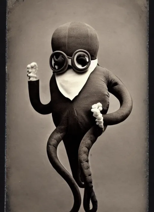 Image similar to anthropomorphic octopus , wearing a suit, tentacles spilling out of the collar, vintage photograph, sepia