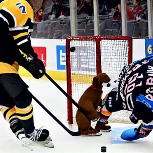 Prompt: Harvey the hound bodychecking Sydney Crosby in a hockey game