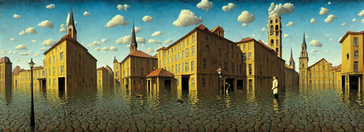 Image similar to flooded! old wooden empty cursed city square, very coherent and colorful high contrast masterpiece by franz sedlacek rene magritte gediminas pranckevicius norman rockwell, full - length view, dark shadows, sunny day, hard lighting, reference sheet white background