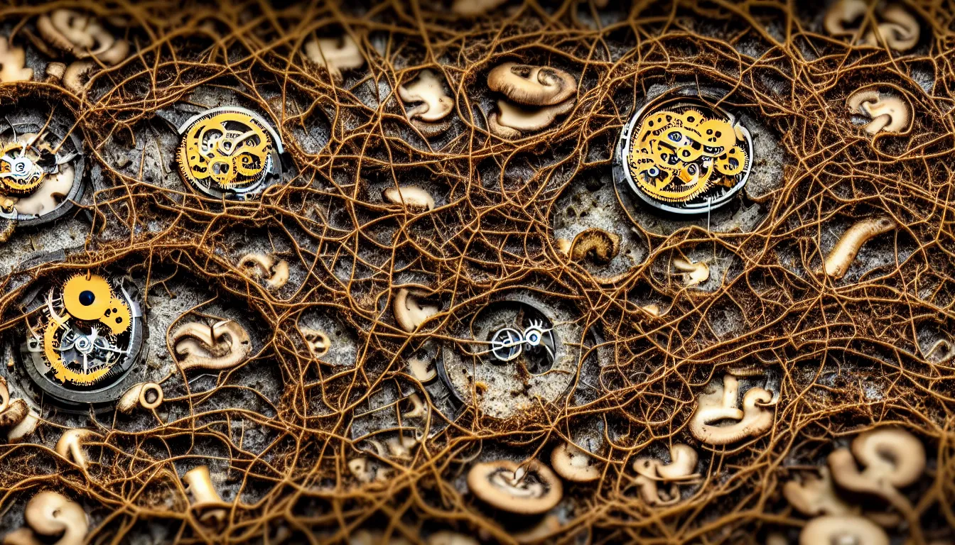 Prompt: detailed view from inside a clockwork watch landscape, entangled roots covered in mushrooms, cracked earth, living spore microorganisms, decaying, rusty, hyper realistic photo, full colour, upscale, 8 k