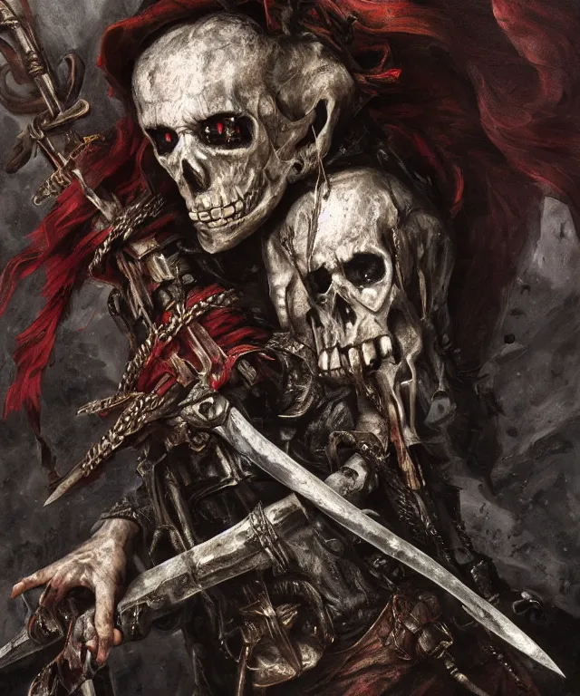 Image similar to ultra realistic color portrait painting of an undead 1 7 th century pirate with a sword in a grotto, dark, painted, brooding, atmospheric, seascape, horror, smooth, epic, highly detailed, cinematic, by keith parkinson