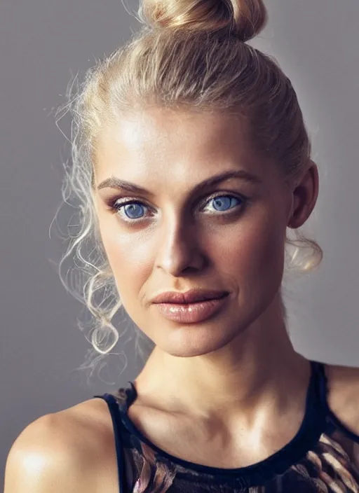 Image similar to vintage photograph of an olive skinned blonde female model in her early thirties, her hair pinned up, wearing a designer top, looking content, focused on her neck, facing the camera, photo realistic, extreme detail skin, natural beauty, no filter, slr, golden hour, 4 k, high definition, selfie