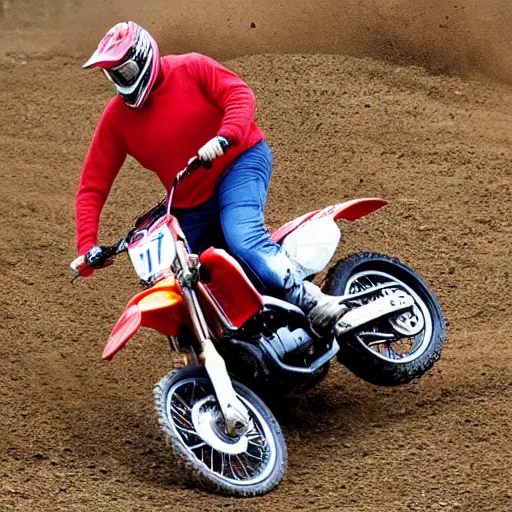 Image similar to trump riding motocross without wearing a helmet doing a wheelie