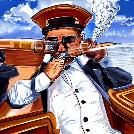 Image similar to a groom smoking a cigar on a large boat. wedding. digital art. highly detailed.