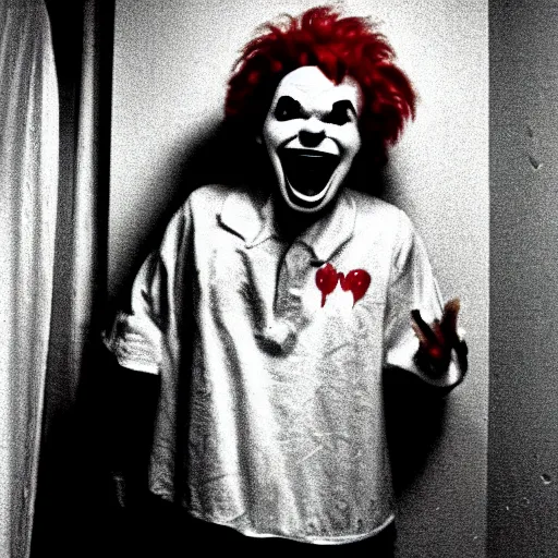 Prompt: creppy 2 0 0 1 photo of ronald mcdonald screaming in a dark room