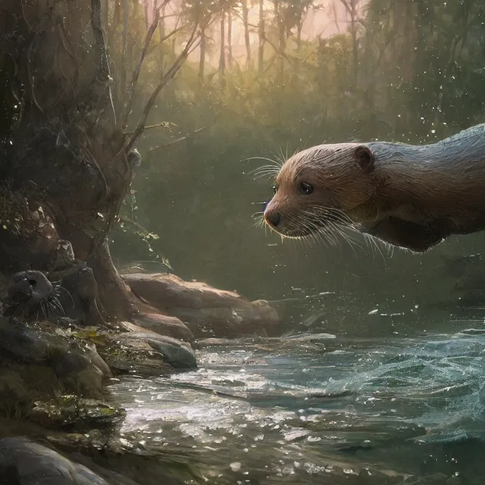 Image similar to a detailed painting of a cute otter at a river. character design by cory loftis, fenghua zhong, ryohei hase, ismail inceoglu and ruan jia. volumetric light, detailed, rendered in octane