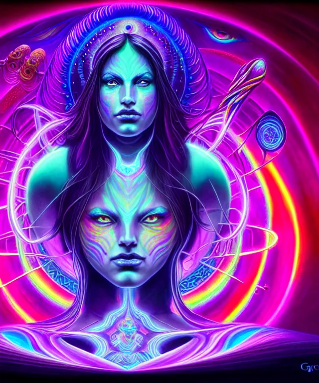 Image similar to epic scale cinematic full centered view chromaticity dmt goddess alex grey character concept of a beautiful colorful crystals powder liquids, glowing fluorescent velvet neon blacklight hues and saturation, sacred dmt color goddess visionary fantasy art by greg rutkowski android jones artgerm alphonse max chroma rule of thirds golden ratio sacred geometry ai generated art centered symmetrical threefold symmetry