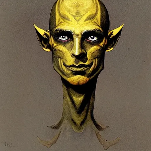 Image similar to ( ( ( head and shoulders portrait of a gaunt noseless yellow - skinned bald githyanki warrior in a breastplate, wielding a magical silver greatsword ) ) ), dave mckean, d & d, fantasy, medieval