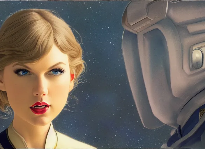 Image similar to a disney film still of taylor swift as a star trek officer, finely detailed features, closeup of the face, perfect art, dusk, blue hour, gapmoe yandere grimdark, trending on pixiv fanbox, painted by greg rutkowski, makoto shinkai, takashi takeuchi, alphonse mucha, akihiko yoshida