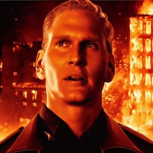 Image similar to Live Action Still of Jerma in The Towering Inferno, real life, hyperrealistic, ultra realistic, realistic, highly detailed, epic, HD quality, 8k resolution, body and headshot, film still