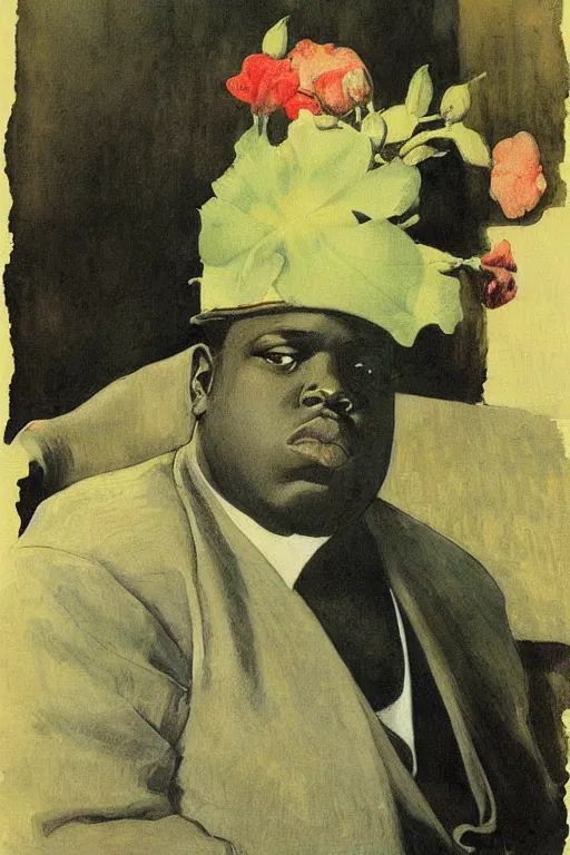 Image similar to portrait of biggie smalls, bloom flowers, modern, eclectic, illustration, by ramon casas