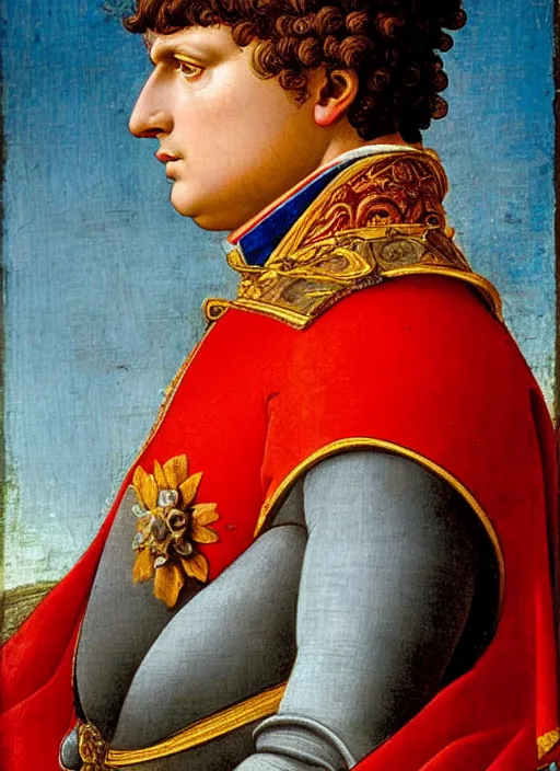 Prompt: grandiose epic renaissance portrait of napoleon bonaparte, french emperor, detailed painting by boticelli, leonardo davinci, francois gerard and jacques louis david