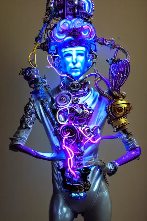 Image similar to full-body neon porcelain rococo futuristic style sculpture of a young handsome prince as a half-robot wearing retro shades, ruptured battery, leaking glowing neon radioactive liquid, electric sparks, glowing violet laser beam eyes, crown of giant diamonds, gold chain steampunk necklace, flowing purple satin, luminescent fabrics, mechanical roses. baroque and steampunk elements. full-length view. baroque element. intricate artwork by caravaggio. Trending on artstation, octane render, cinematic lighting from the right, hyper realism, octane render, 8k, depth of field, 3D